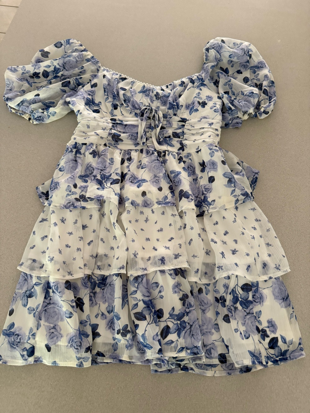 Altar'd State White Top with Blue Floral Ruffles